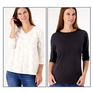 Set of 2 Denim & Co. Essentials Favorite Jersey Knit Tops Beige Black XS A565674